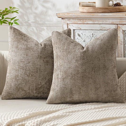 Khaki Plush Chenille Cushion Covers Set of 2 - Soft Textured Decorative Throw Pillow Cases for Sofa Couch, 45x45cm - Mekamart Australia