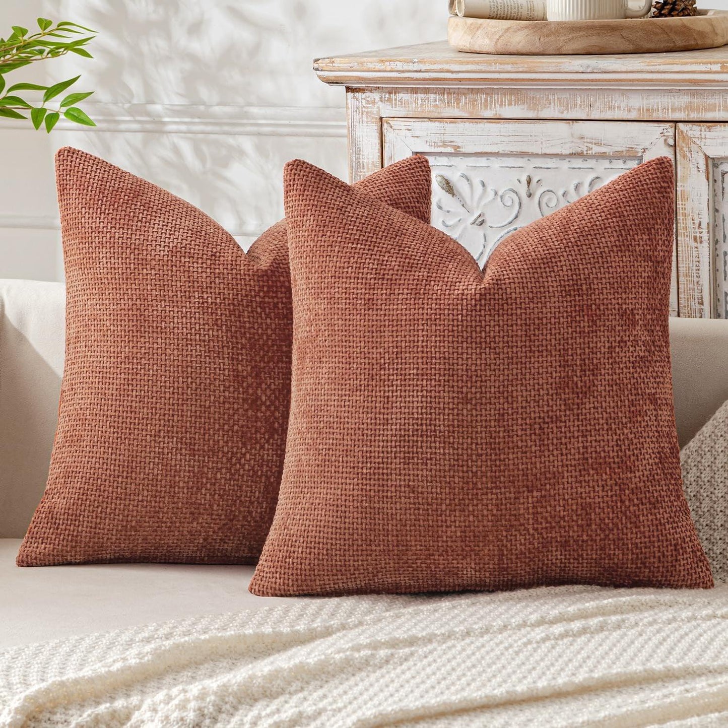 Pink Plush Chenille Cushion Covers Set of 2 - Soft Textured Decorative Throw Pillow Cases for Sofa Couch, 45x45cm - Mekamart Australia
