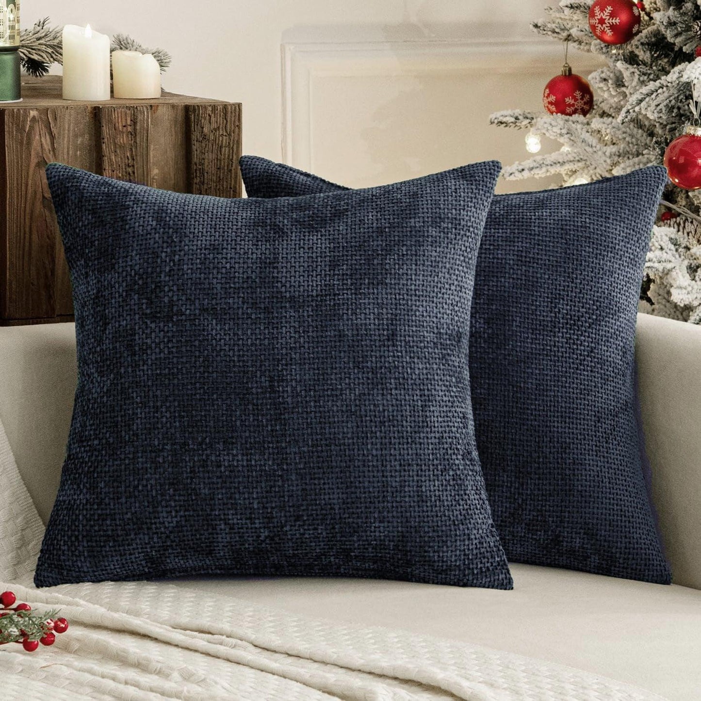 Dark Blue Plush Chenille Cushion Covers Set of 2 - Soft Textured Decorative Throw Pillow Cases for Sofa Couch, 45x45cm - Mekamart Australia