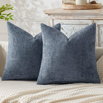 Light Blue Plush Chenille Cushion Covers Set of 2 - Soft Textured Decorative Throw Pillow Cases for Sofa Couch, 45x45cm - Mekamart Australia