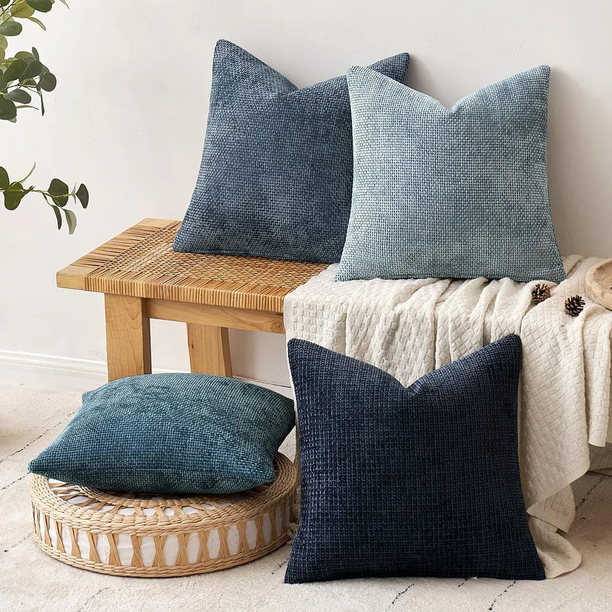 Light Blue Plush Chenille Cushion Covers Set of 2 - Soft Textured Decorative Throw Pillow Cases for Sofa Couch, 45x45cm - Mekamart Australia