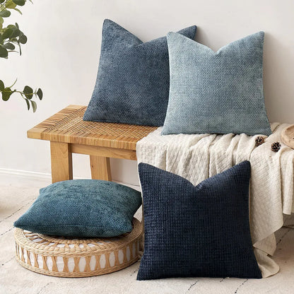 Light Blue Plush Chenille Cushion Covers Set of 2 - Soft Textured Decorative Throw Pillow Cases for Sofa Couch, 45x45cm - Mekamart Australia