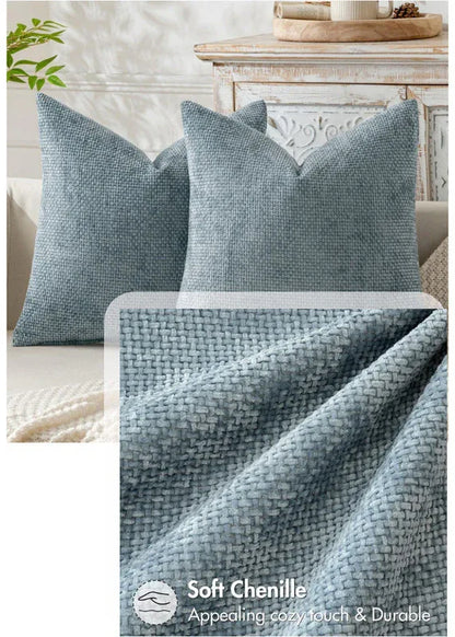 Light Blue Plush Chenille Cushion Covers Set of 2 - Soft Textured Decorative Throw Pillow Cases for Sofa Couch, 45x45cm - Mekamart Australia
