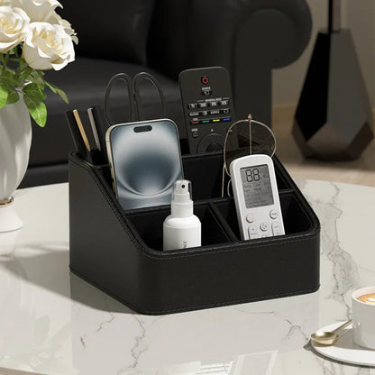 Black Stylish PU Leather Desktop Organizer Caddy - Multi-Compartment Holder for Remotes, Office Supplies, Makeup - Mekamart Australia