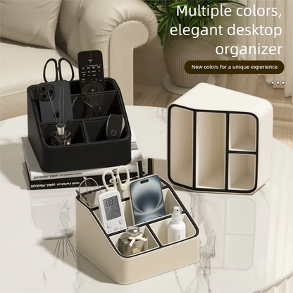 Black Stylish PU Leather Desktop Organizer Caddy - Multi-Compartment Holder for Remotes, Office Supplies, Makeup - Mekamart Australia
