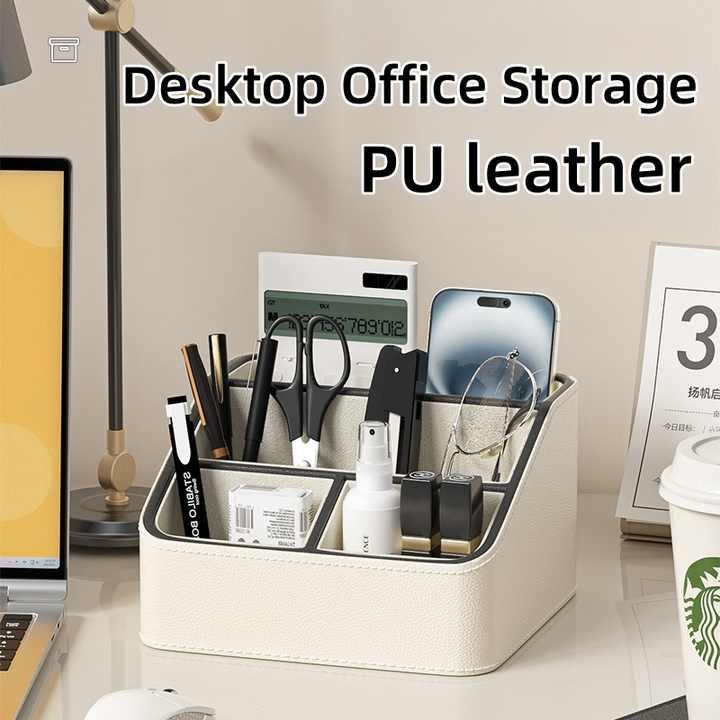 Black Stylish PU Leather Desktop Organizer Caddy - Multi-Compartment Holder for Remotes, Office Supplies, Makeup - Mekamart Australia