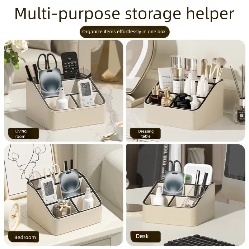 Black Stylish PU Leather Desktop Organizer Caddy - Multi-Compartment Holder for Remotes, Office Supplies, Makeup - Mekamart Australia