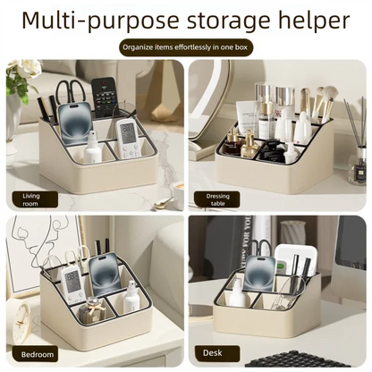 Black Stylish PU Leather Desktop Organizer Caddy - Multi-Compartment Holder for Remotes, Office Supplies, Makeup - Mekamart Australia