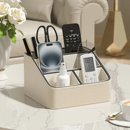 Beige and Black Stylish PU Leather Desktop Organizer Caddy - Multi-Compartment Holder for Remotes, Office Supplies, Makeup - Mekamart Australia