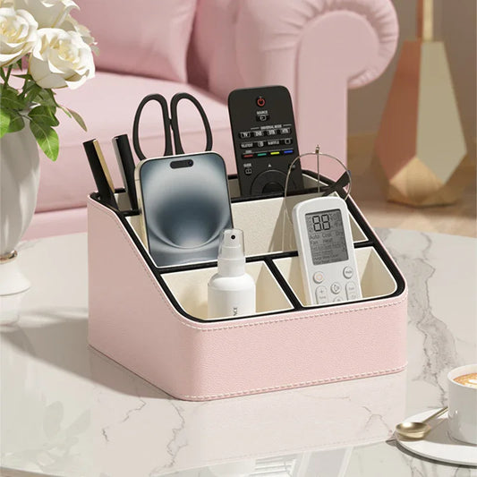 Pink and Black Stylish PU Leather Desktop Organizer Caddy - Multi-Compartment Holder for Remotes, Office Supplies, Makeup - Mekamart Australia