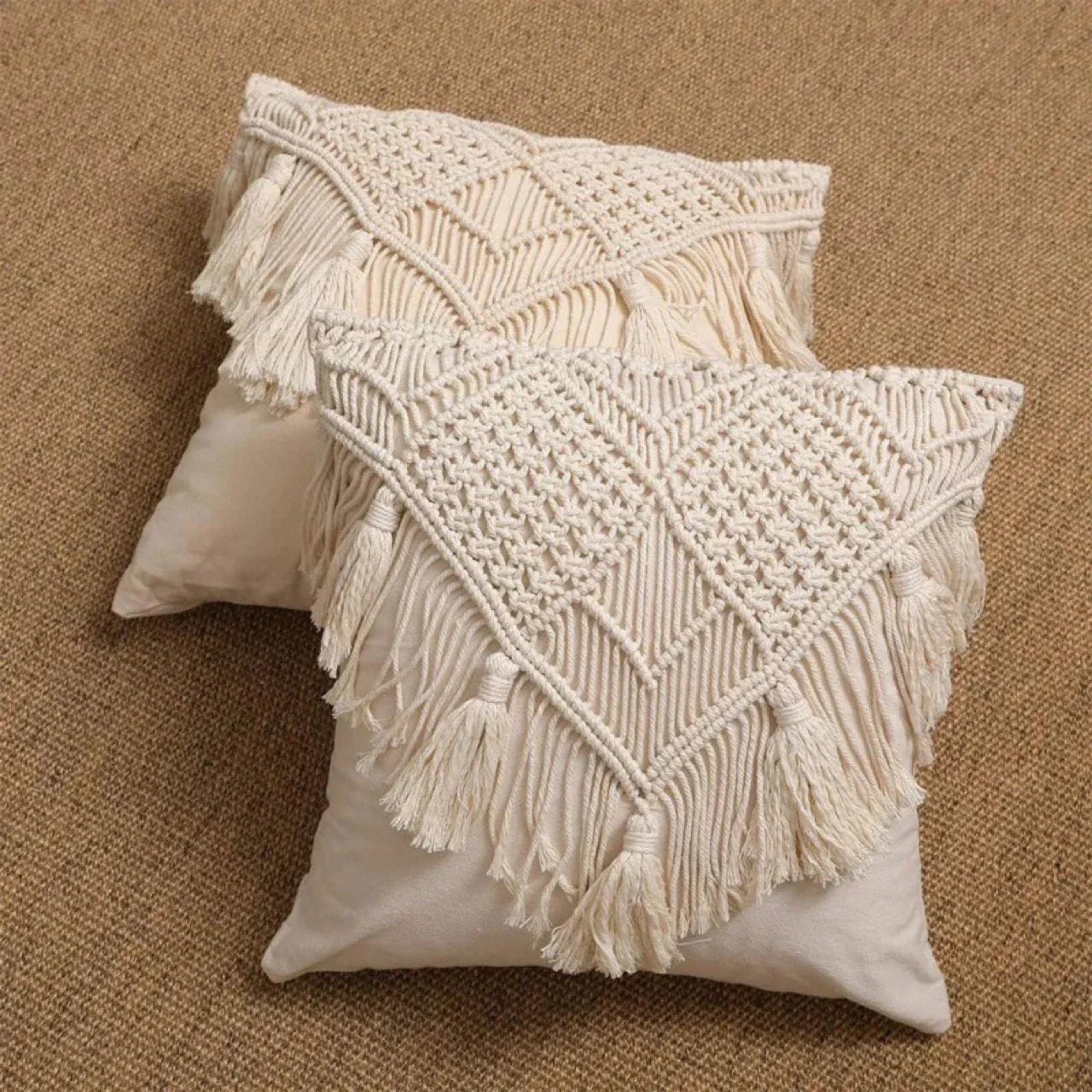 Beige Boho Chic Macrame Cushion Cover - Handmade Woven Cotton Linen Pillow Case with Tassels - Decorative Throw Pillow Sham 45x45cm (Cover Only) - Mekamart Australia