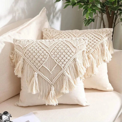 Beige Boho Chic Macrame Cushion Cover - Handmade Woven Cotton Linen Pillow Case with Tassels - Decorative Throw Pillow Sham 45x45cm (Cover Only) - Mekamart Australia