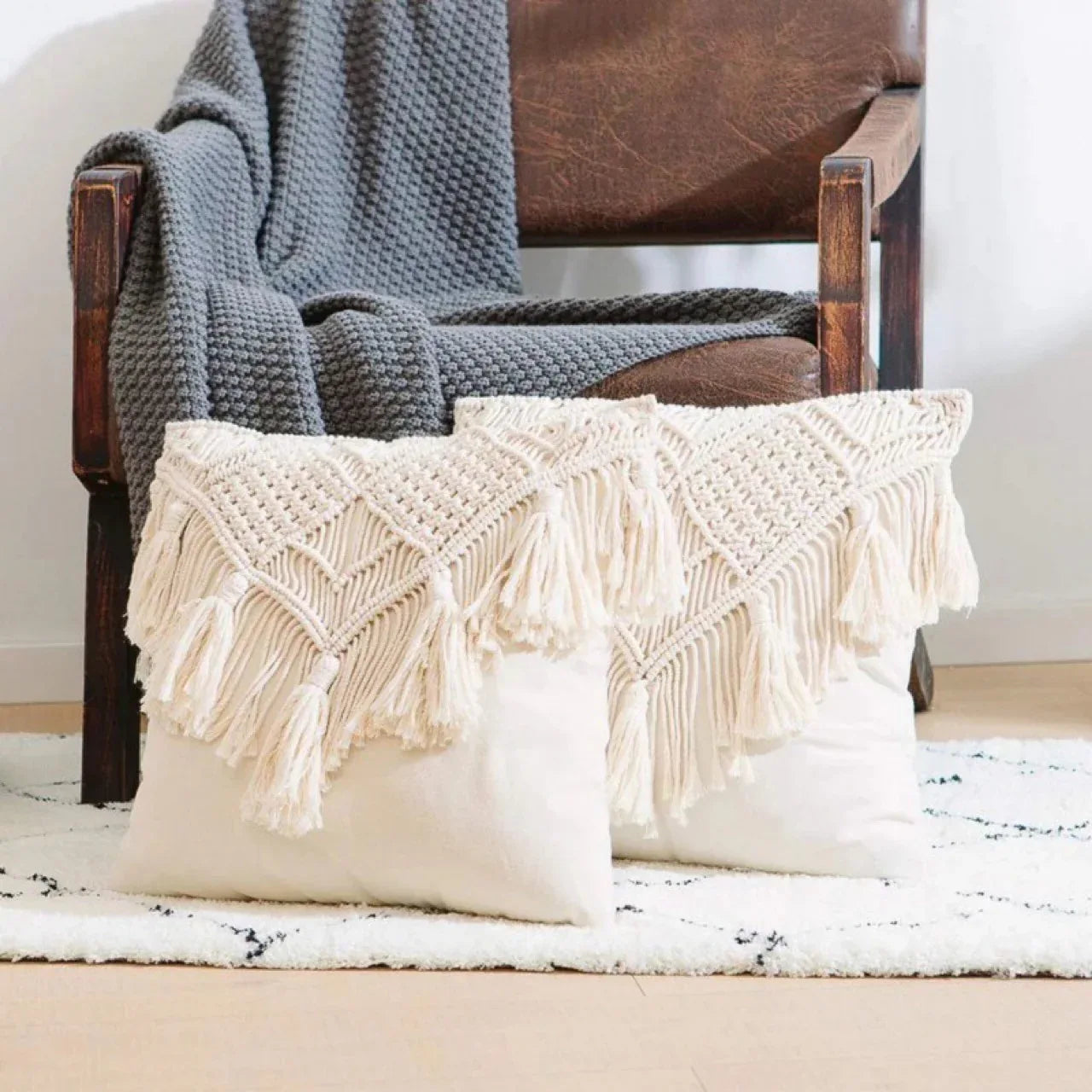 Beige Boho Chic Macrame Cushion Cover - Handmade Woven Cotton Linen Pillow Case with Tassels - Decorative Throw Pillow Sham 45x45cm (Cover Only) - Mekamart Australia