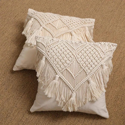 Black Boho Chic Macrame Cushion Cover - Handmade Woven Cotton Linen Pillow Case with Tassels - Decorative Throw Pillow Sham 45x45cm (Cover Only) - Mekamart Australia