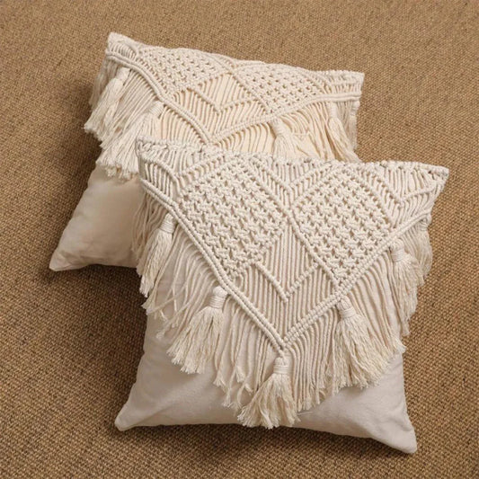 Black Boho Chic Macrame Cushion Cover - Handmade Woven Cotton Linen Pillow Case with Tassels - Decorative Throw Pillow Sham 45x45cm (Cover Only) - Mekamart Australia
