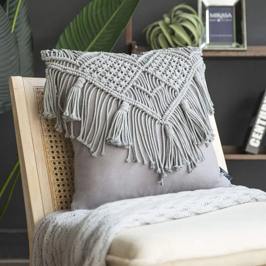 Grey Boho Chic Macrame Cushion Cover - Handmade Woven Cotton Linen Pillow Case with Tassels - Decorative Throw Pillow Sham 45x45cm (Cover Only) - Mekamart Australia