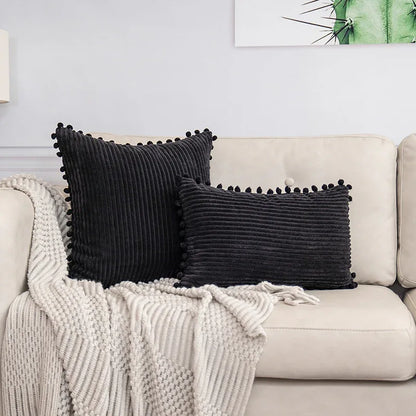 Black Soft Corduroy Cushion Cover Set (1 Square + 1 Rectangular) with Pom Pom Trim - Decorative Throw Pillow Cases for Sofa Couch - Mekamart Australia