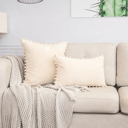Beige Soft Corduroy Cushion Cover Set (1 Square + 1 Rectangular) with Pom Pom Trim - Decorative Throw Pillow Cases for Sofa Couch - Mekamart Australia