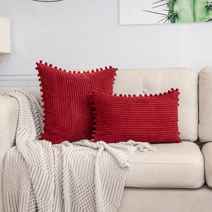 Red Soft Corduroy Cushion Cover Set (1 Square + 1 Rectangular) with Pom Pom Trim - Decorative Throw Pillow Cases for Sofa Couch - Mekamart Australia