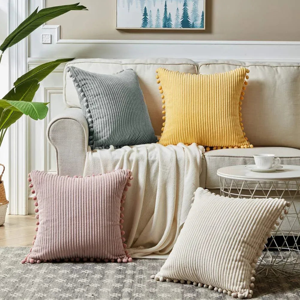 Red Soft Corduroy Cushion Cover Set (1 Square + 1 Rectangular) with Pom Pom Trim - Decorative Throw Pillow Cases for Sofa Couch - Mekamart Australia