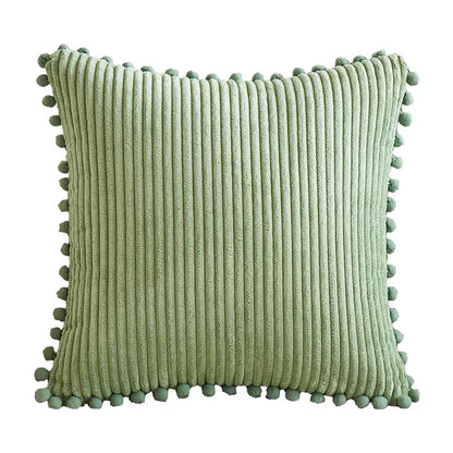 Red Soft Corduroy Cushion Cover Set (1 Square + 1 Rectangular) with Pom Pom Trim - Decorative Throw Pillow Cases for Sofa Couch - Mekamart Australia