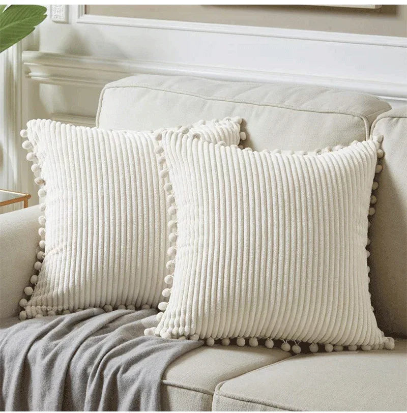 Red Soft Corduroy Cushion Cover Set (1 Square + 1 Rectangular) with Pom Pom Trim - Decorative Throw Pillow Cases for Sofa Couch - Mekamart Australia