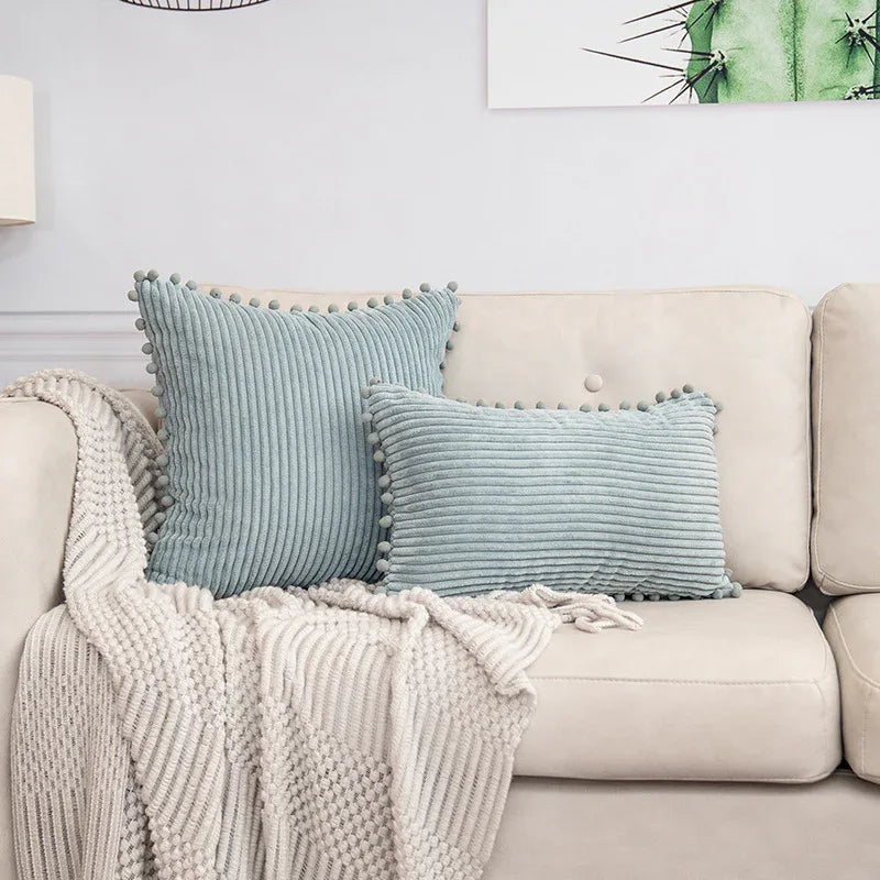 Blue Soft Corduroy Cushion Cover Set (1 Square + 1 Rectangular) with Pom Pom Trim - Decorative Throw Pillow Cases for Sofa Couch - Mekamart Australia