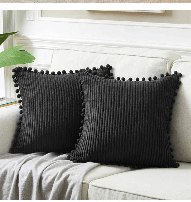 Black Soft Corduroy Cushion Covers with Pom Pom Trim - Set of 2 Decorative Throw Pillow Cases for Sofa Couch Bed, 45x45cm - Mekamart Australia