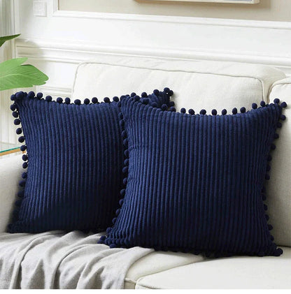 Navy Blue Soft Corduroy Cushion Covers with Pom Pom Trim - Set of 2 Decorative Throw Pillow Cases for Sofa Couch Bed, 45x45cm - Mekamart Australia