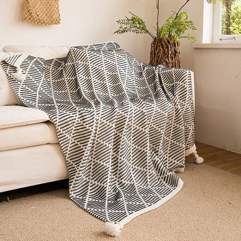 Black and Beige Diamond Pattern Soft Cozy Knit Throw Blanket with Tassels - Geometric Pattern Lightweight Acrylic Blanket for Sofa Couch Bed, 130x150cm - Mekamart Australia