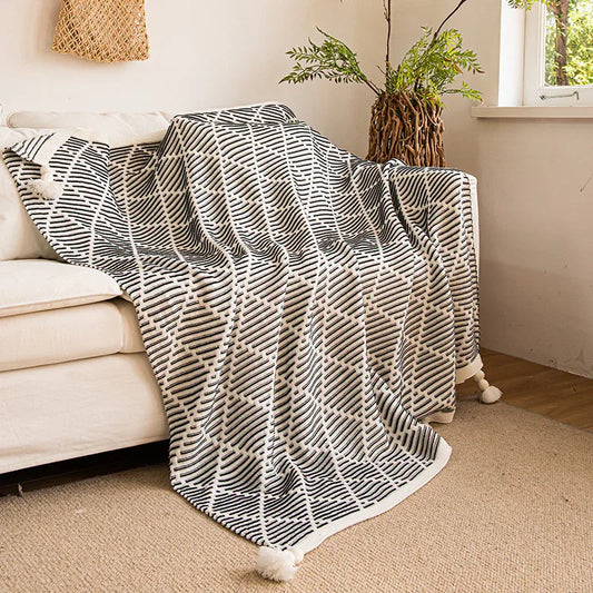 Black and Beige Diamond Pattern Soft Cozy Knit Throw Blanket with Tassels - Geometric Pattern Lightweight Acrylic Blanket for Sofa Couch Bed, 130x150cm - Mekamart Australia