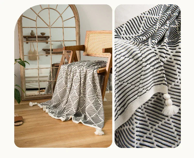 Black and Beige Diamond Pattern Soft Cozy Knit Throw Blanket with Tassels - Geometric Pattern Lightweight Acrylic Blanket for Sofa Couch Bed, 130x150cm - Mekamart Australia
