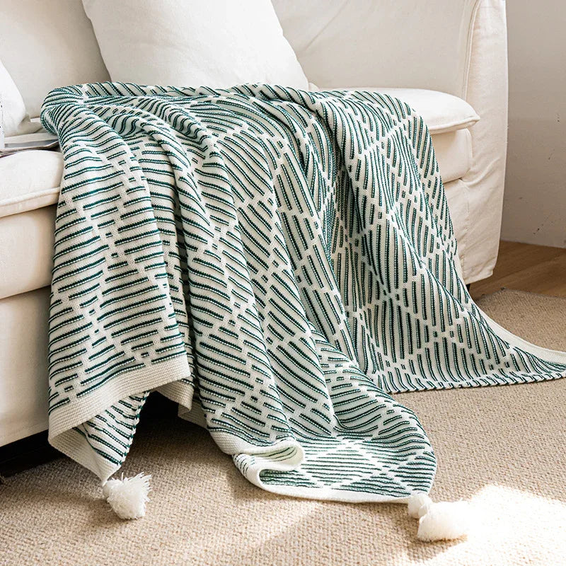 Green and Beige Diamond Pattern Soft Cozy Knit Throw Blanket with Tassels - Geometric Pattern Lightweight Acrylic Blanket for Sofa Couch Bed, 130x150cm - Mekamart Australia