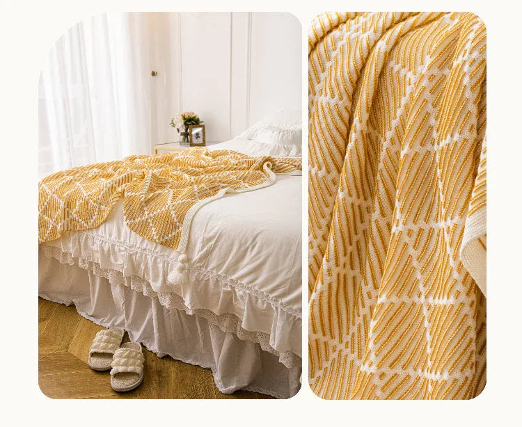 Grey and Beige Diamond Pattern Soft Cozy Knit Throw Blanket with Tassels - Geometric Pattern Lightweight Acrylic Blanket for Sofa Couch Bed, 130x150cm - Mekamart Australia