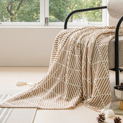 Grey and Beige Diamond Pattern Soft Cozy Knit Throw Blanket with Tassels - Geometric Pattern Lightweight Acrylic Blanket for Sofa Couch Bed, 130x150cm - Mekamart Australia