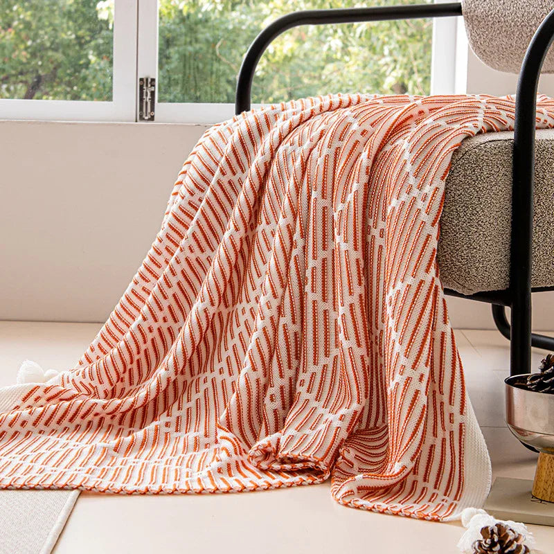 Orange and Beige Diamond Pattern Soft Cozy Knit Throw Blanket with Tassels - Geometric Pattern Lightweight Acrylic Blanket for Sofa Couch Bed, 130x150cm - Mekamart Australia