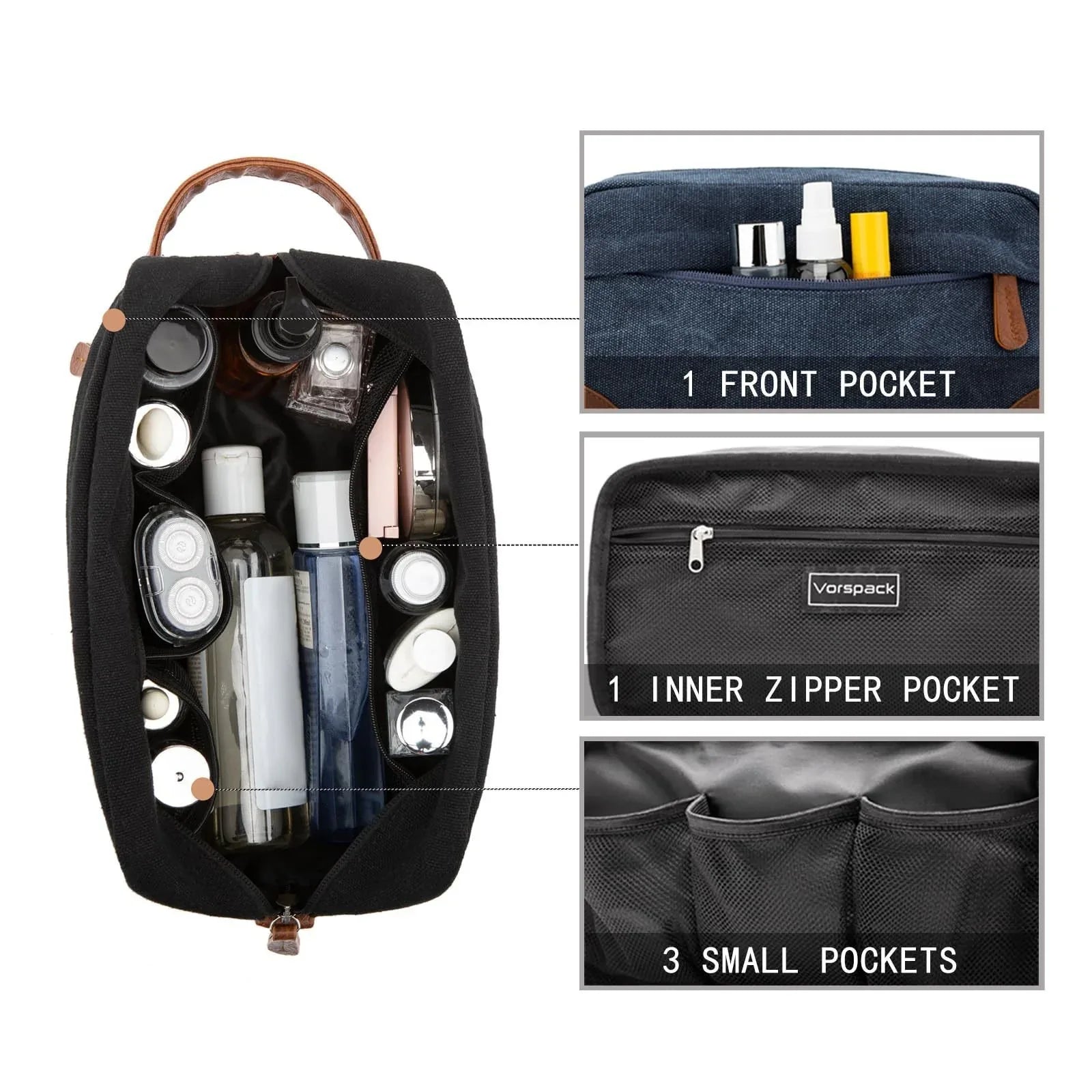Black And Brown Men's Canvas Toiletry Bag - Large Capacity Water-Resistant Travel Organizer Dopp Kit with Handle - Mekamart Australia