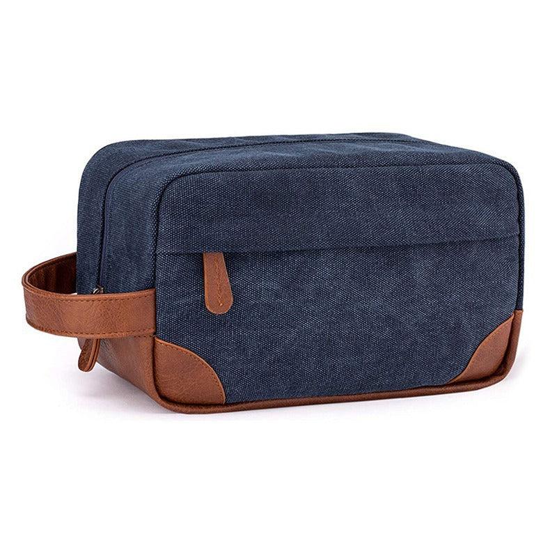 Dark Blue And Brown Men's Canvas Toiletry Bag - Large Capacity Water-Resistant Travel Organizer Dopp Kit with Handle - Mekamart Australia