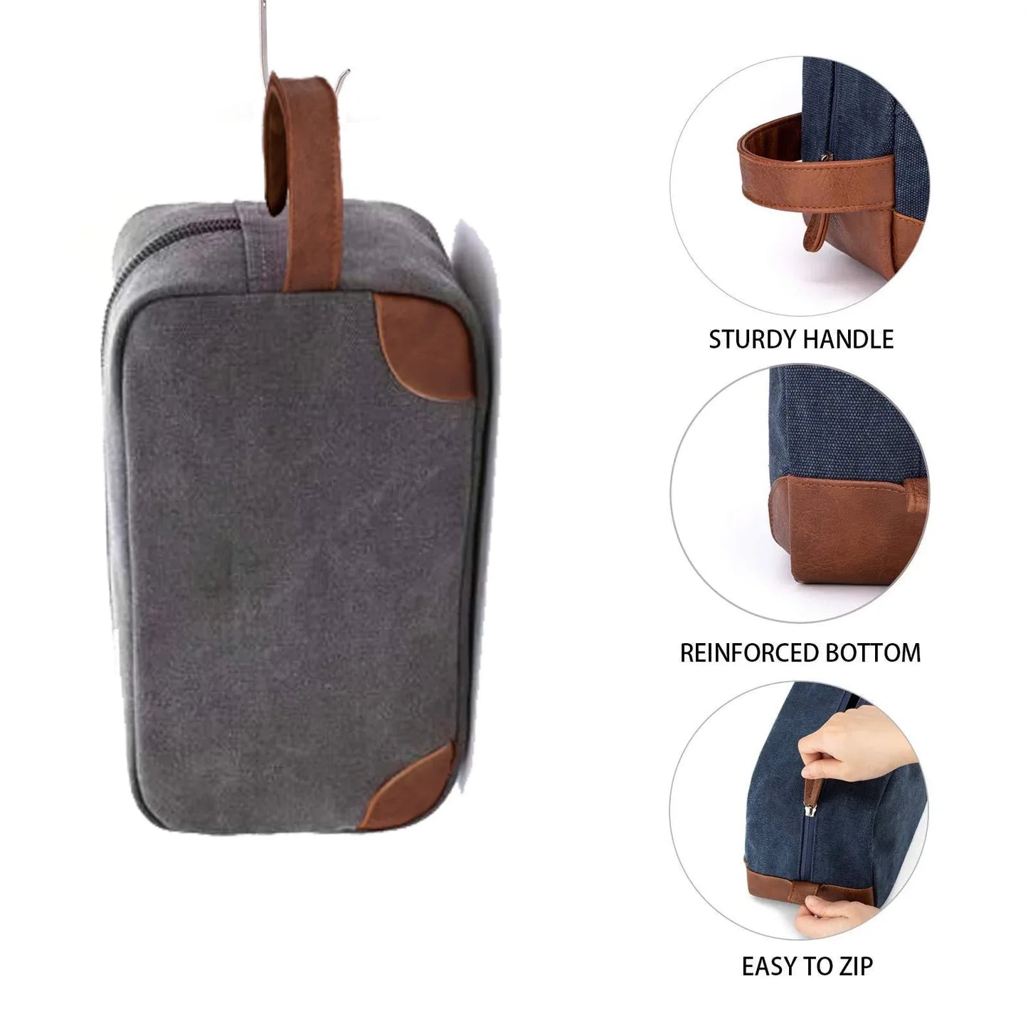 Dark Blue And Brown Men's Canvas Toiletry Bag - Large Capacity Water-Resistant Travel Organizer Dopp Kit with Handle - Mekamart Australia