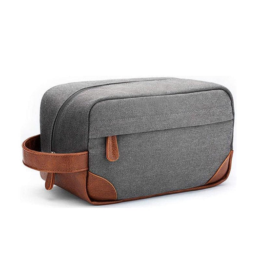 Grey And Brown Men's Canvas Toiletry Bag - Large Capacity Water-Resistant Travel Organizer Dopp Kit with Handle - Mekamart Australia