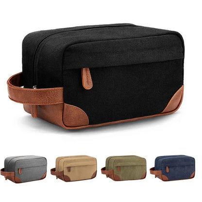 Grey And Brown Men's Canvas Toiletry Bag - Large Capacity Water-Resistant Travel Organizer Dopp Kit with Handle - Mekamart Australia