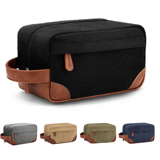 Grey And Brown Men's Canvas Toiletry Bag - Large Capacity Water-Resistant Travel Organizer Dopp Kit with Handle - Mekamart Australia