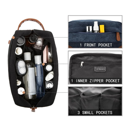 Grey And Brown Men's Canvas Toiletry Bag - Large Capacity Water-Resistant Travel Organizer Dopp Kit with Handle - Mekamart Australia