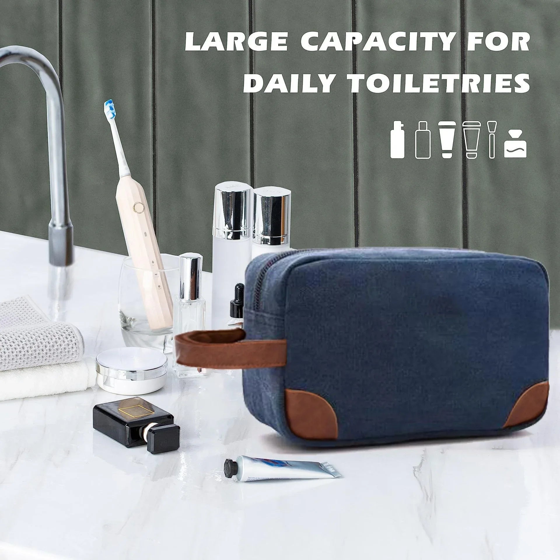 Grey And Brown Men's Canvas Toiletry Bag - Large Capacity Water-Resistant Travel Organizer Dopp Kit with Handle - Mekamart Australia