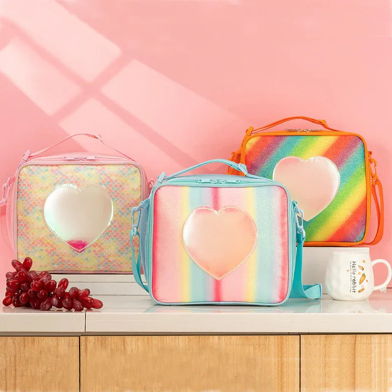 Blue Sparkling Rainbow Heart Insulated Lunch Bag for Kids - Portable School Lunch Box with Shoulder Strap - Mekamart Australia
