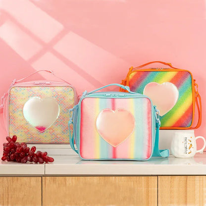 Blue Sparkling Rainbow Heart Insulated Lunch Bag for Kids - Portable School Lunch Box with Shoulder Strap - Mekamart Australia