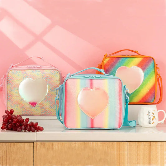 Blue Sparkling Rainbow Heart Insulated Lunch Bag for Kids - Portable School Lunch Box with Shoulder Strap - Mekamart Australia