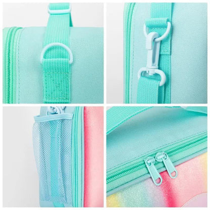 Orange Sparkling Rainbow Heart Insulated Lunch Bag for Kids - Portable School Lunch Box with Shoulder Strap - Mekamart Australia