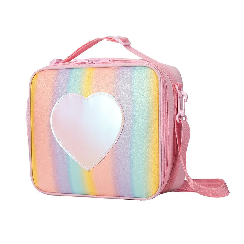 Pink Sparkling Rainbow Heart Insulated Lunch Bag for Kids - Portable School Lunch Box with Shoulder Strap - Mekamart Australia