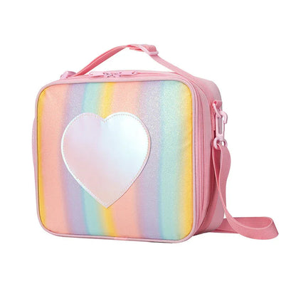 Pink Sparkling Rainbow Heart Insulated Lunch Bag for Kids - Portable School Lunch Box with Shoulder Strap - Mekamart Australia